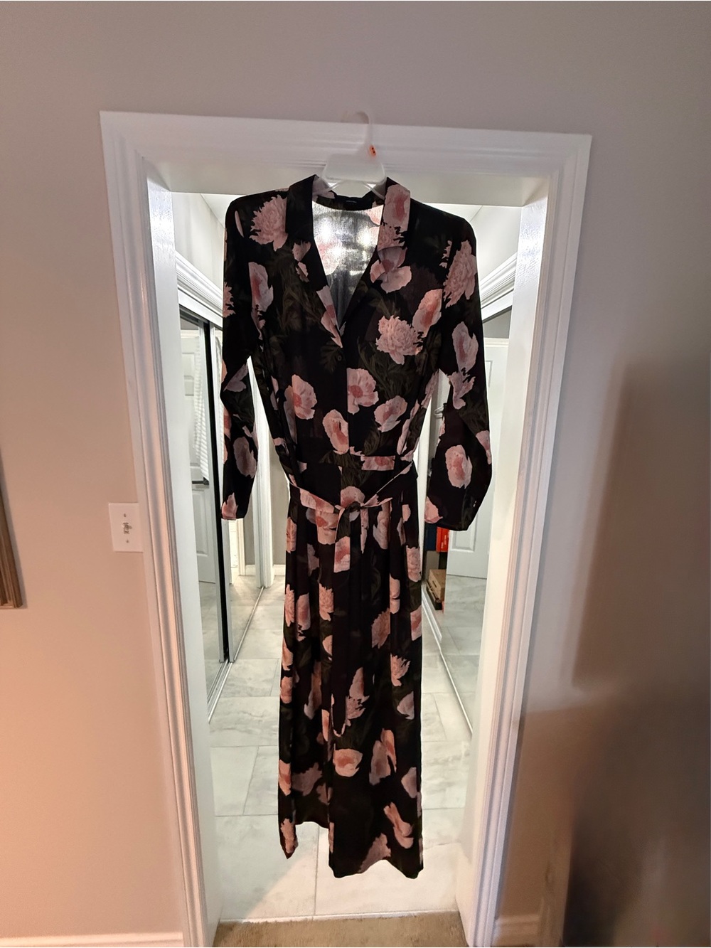 Black Floral Midi Wrap Dress with Pink Blooms